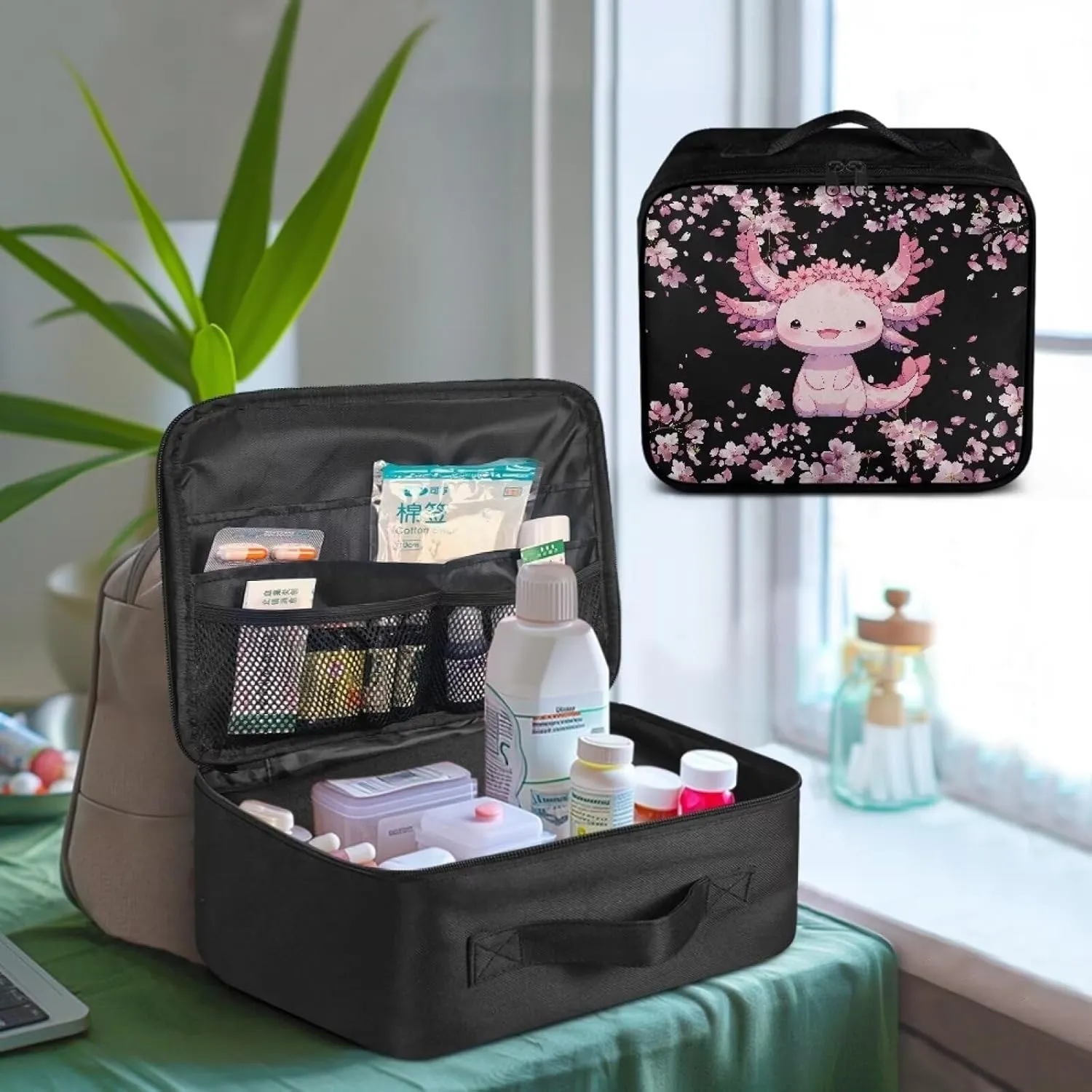Axolotl First Aid Bag Empty Cute Travel Medicine Bag Cherry Blossoms First Aid Pouches Empty Medium Medical Storage Bag for Camping Hiking Home Travel