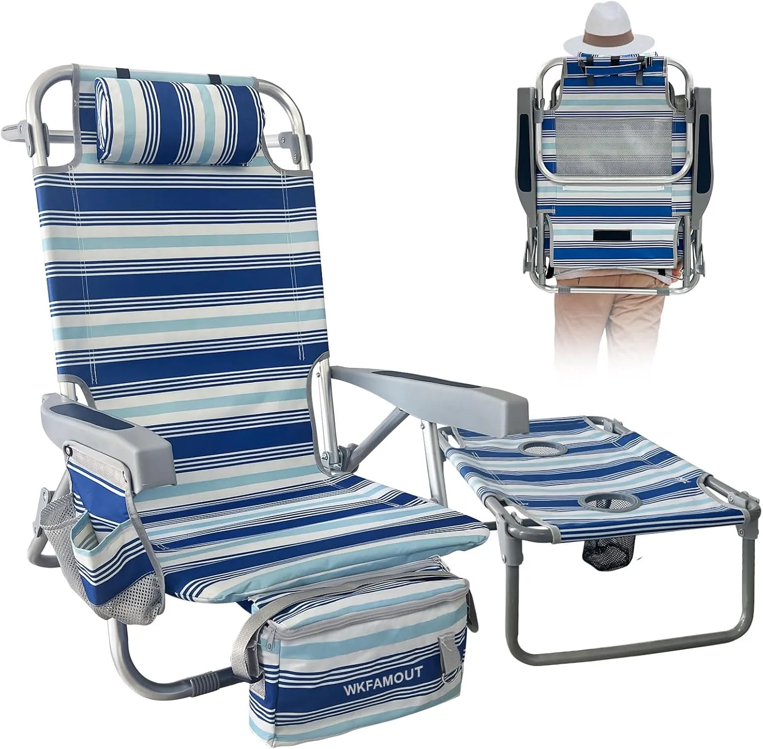 Backpack Beach Chair Aluminum with Folding Camping Table 5-Position Lay Flat Lounge Chair Outdoor for Adults with Insulated Cooler Bag and Cup Holder