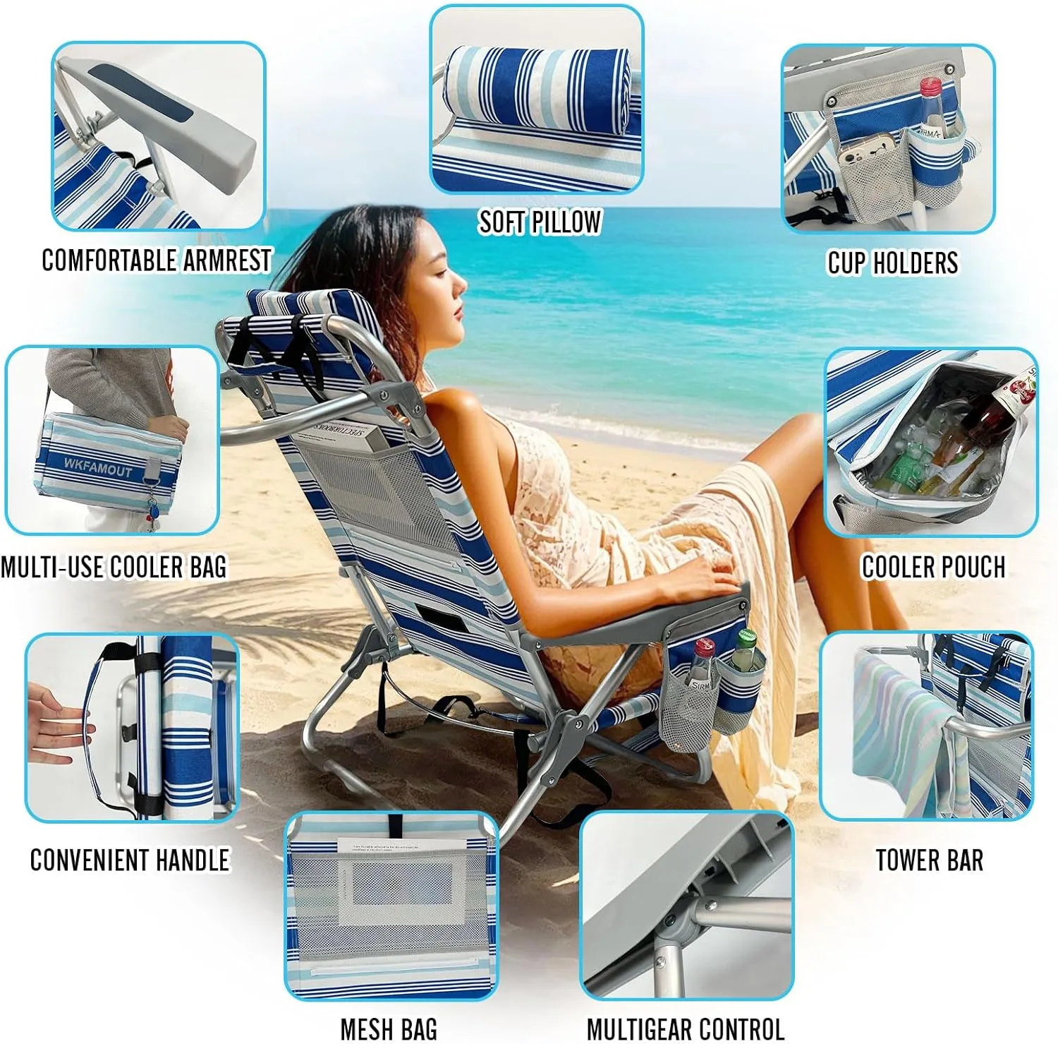 Backpack Beach Chair Aluminum with Folding Camping Table 5-Position Lay Flat Lounge Chair Outdoor for Adults with Insulated Cooler Bag and Cup Holder