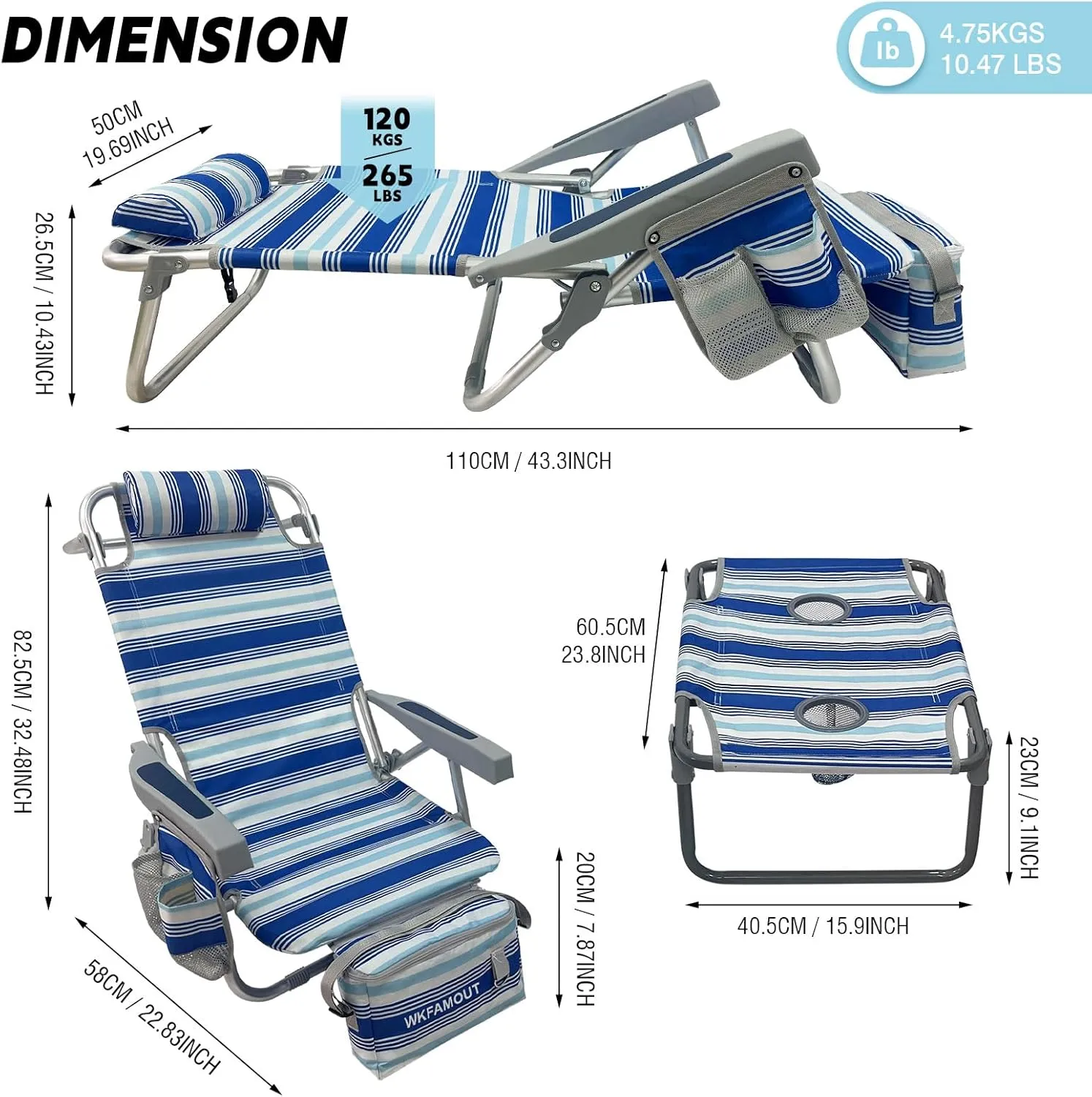 Backpack Beach Chair Aluminum with Folding Camping Table 5-Position Lay Flat Lounge Chair Outdoor for Adults with Insulated Cooler Bag and Cup Holder