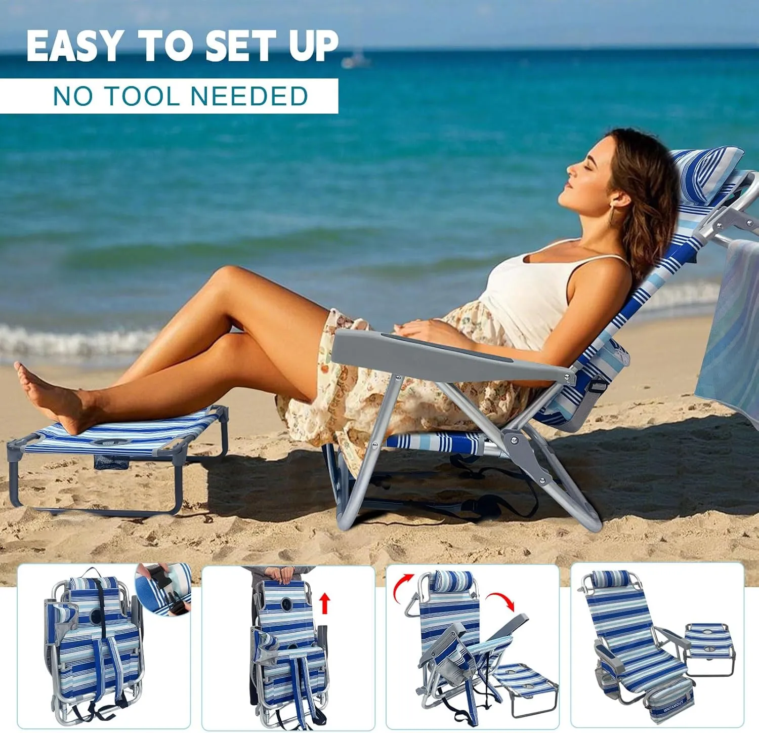 Backpack Beach Chair Aluminum with Folding Camping Table 5-Position Lay Flat Lounge Chair Outdoor for Adults with Insulated Cooler Bag and Cup Holder