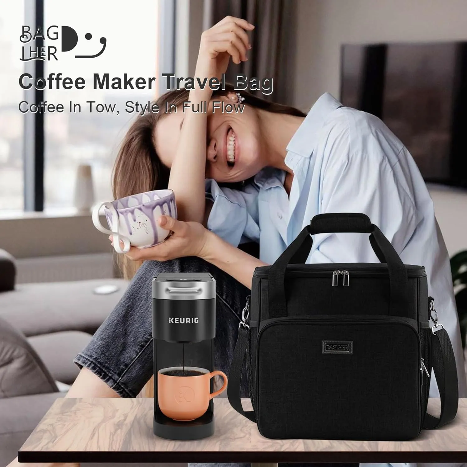 BAGLHER Coffee Maker Travel Bag Compatible with Keurig K-Slim, Keurig K-Supreme or Other Accessories, Portable Coffee Maker Case with Shoulder Strap for Travel, Black