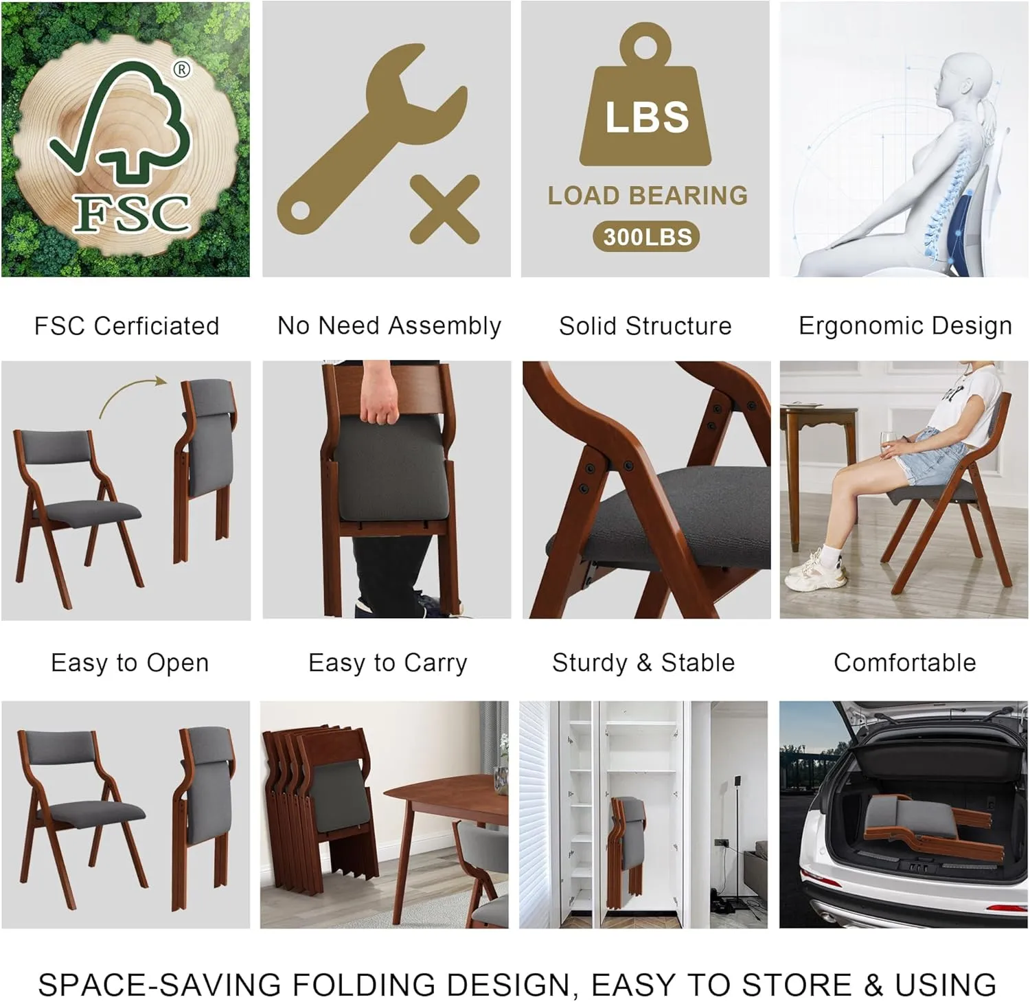 Ball & Cast Foldable Chair with Padded Seat,Wooden Portable Folding Dining Chair W/Ergonomically Designed Back and Cushion,Easy Carry,No Assembly Required,for Kitchen,Set of 2,Grey Cherry