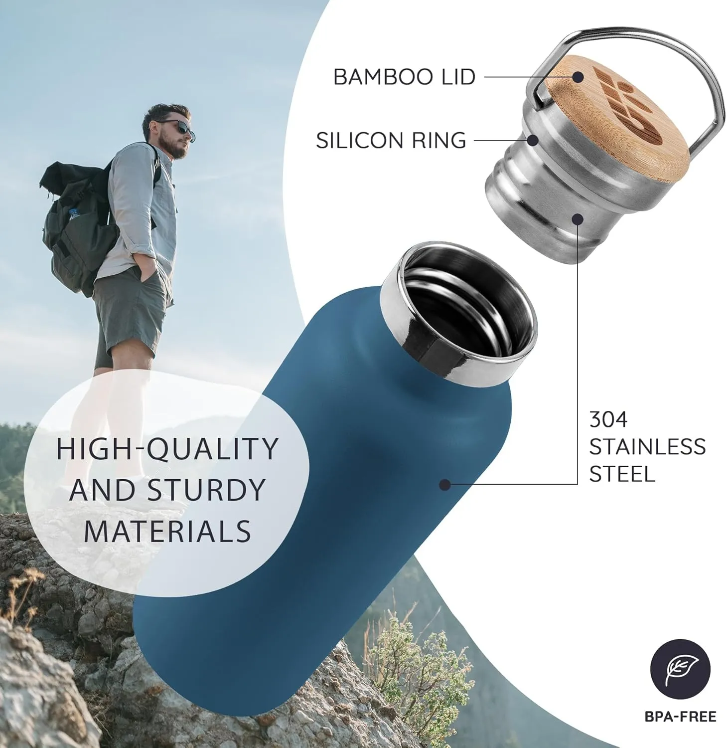 Bambaw Insulated Water Bottle 24oz, Blue Water Bottle for Hiking, Stainless Steel Water Bottle, Water Bottle with Handle, Metal Water Bottle Wide Mouth, Steel Water Bottle – Aegean Blue