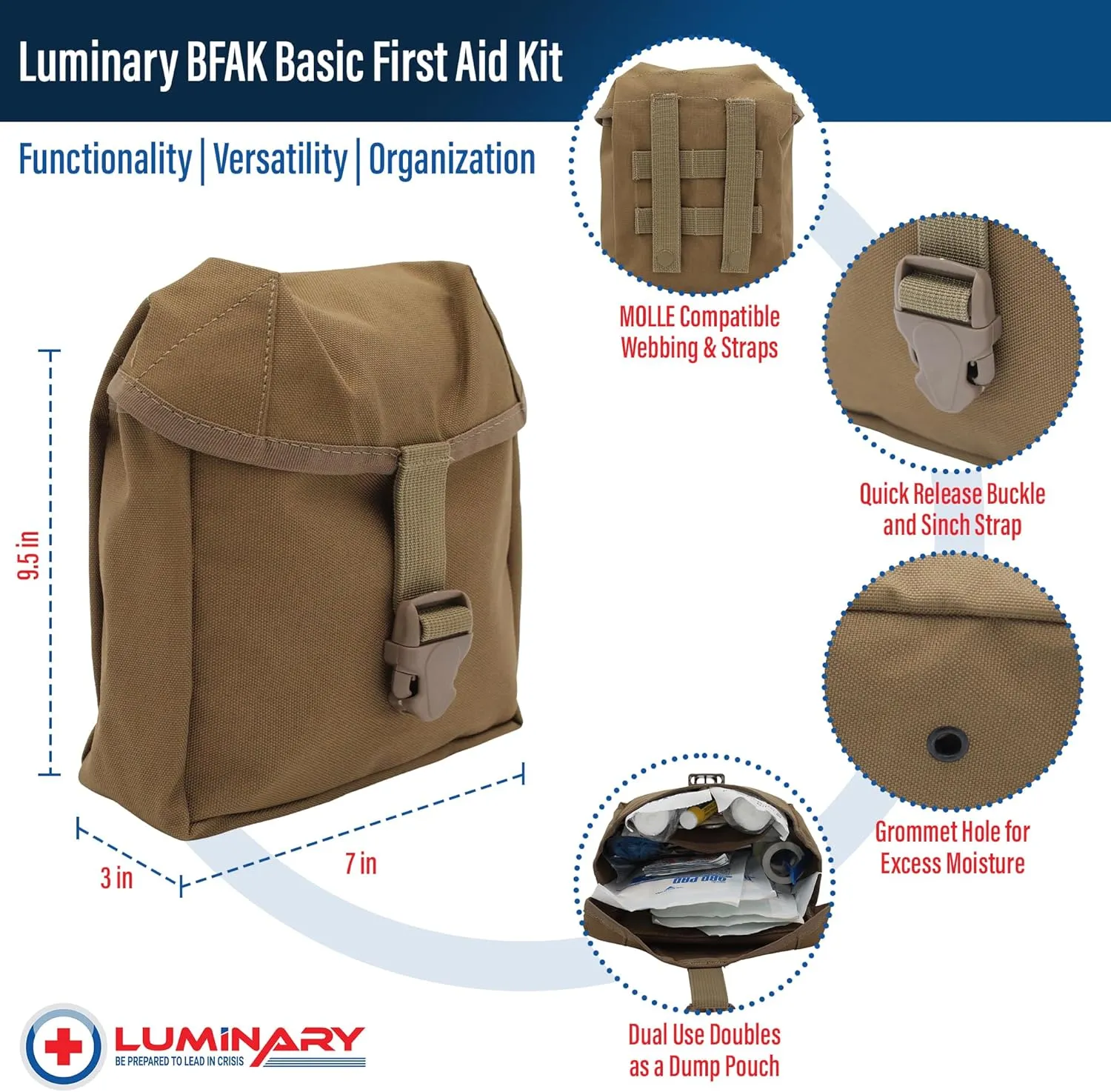 Basic First Aid Kit - Compact MOLLE Compatible Emergency Kit for Outdoor & Everyday Use - Essential Supplies for Camping, Hiking & Home - Single Pocket with Secure Buckle - Coyote Tan