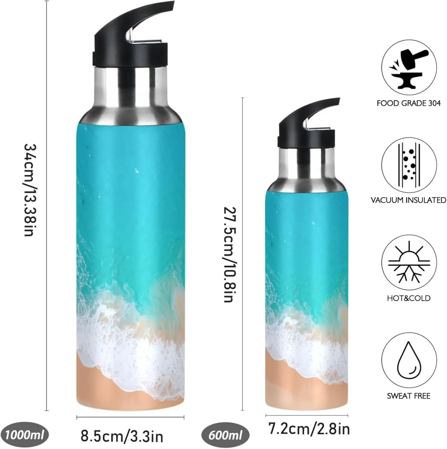 Beach & Waves Sports Water Bottle with Straw, 22oz BPA Free Stainless Steel Vacuum Insulated Bottle for Gym Fitness Outdoor