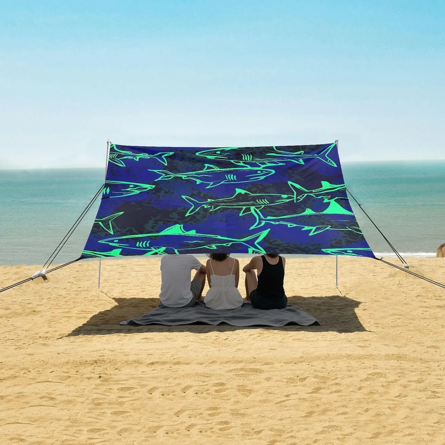 Beach Canopy Tent Outdoor Patio Shade Cute 9.2 × 10.5 FT Floral Sand Camping Sun Shelter Oceanic Sharks Neon Blue Waterproof with Anchor Poles Easy up