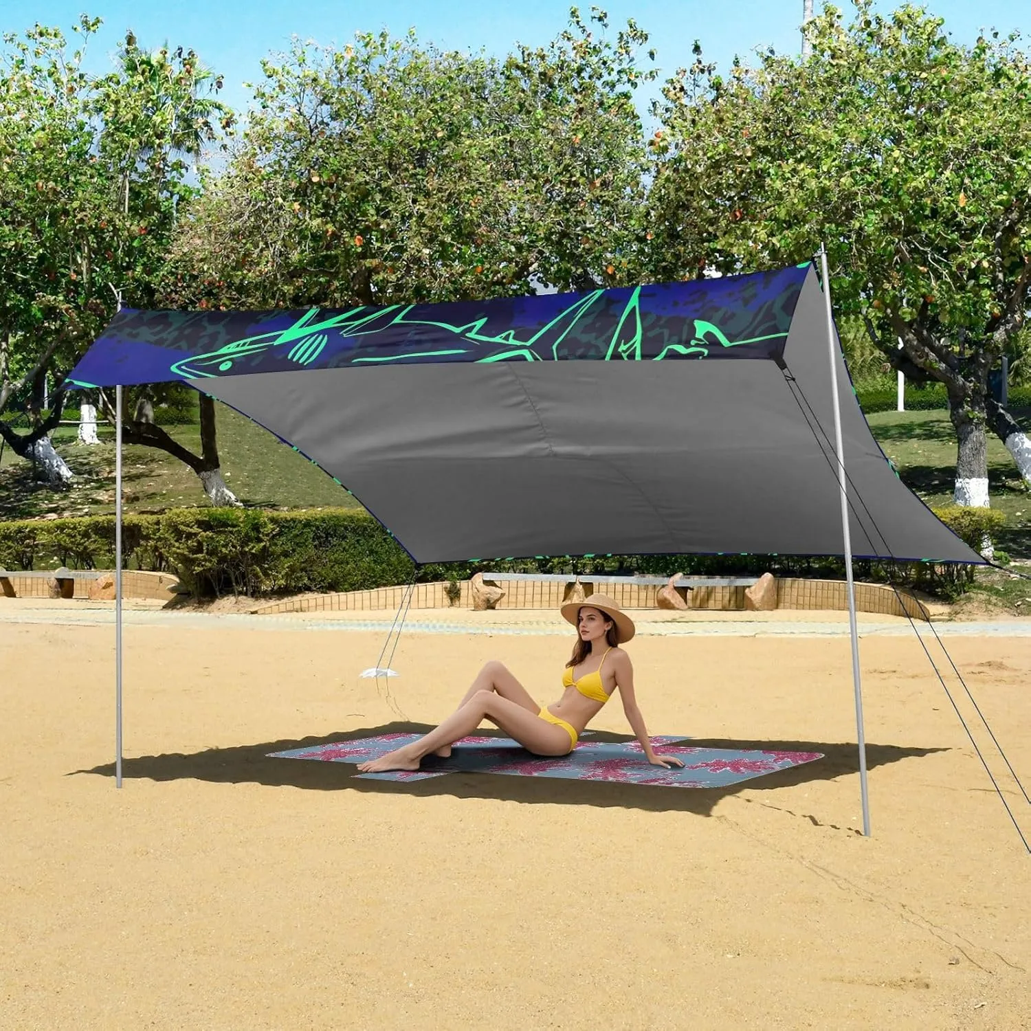 Beach Canopy Tent Outdoor Patio Shade Cute 9.2 × 10.5 FT Floral Sand Camping Sun Shelter Oceanic Sharks Neon Blue Waterproof with Anchor Poles Easy up