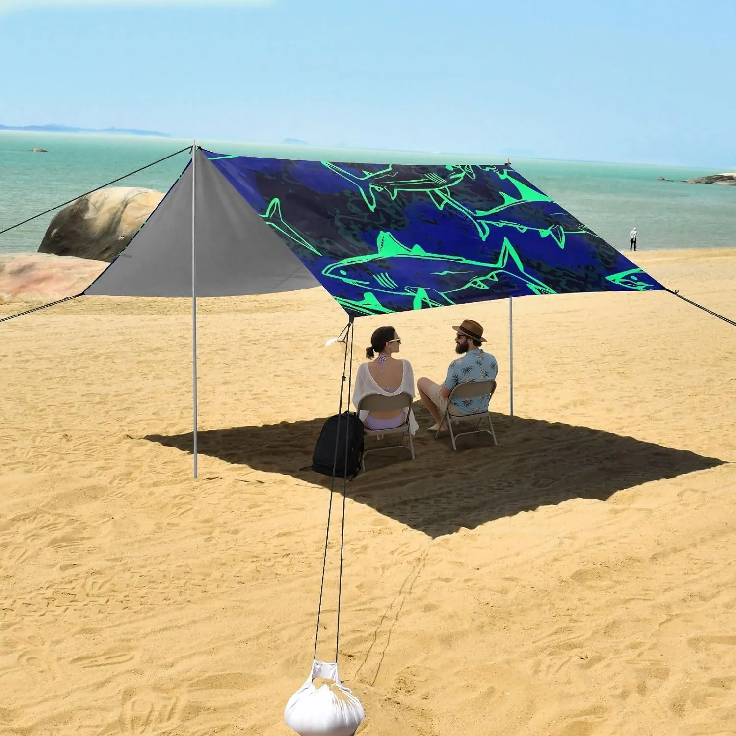 Beach Canopy Tent Outdoor Patio Shade Cute 9.2 × 10.5 FT Floral Sand Camping Sun Shelter Oceanic Sharks Neon Blue Waterproof with Anchor Poles Easy up