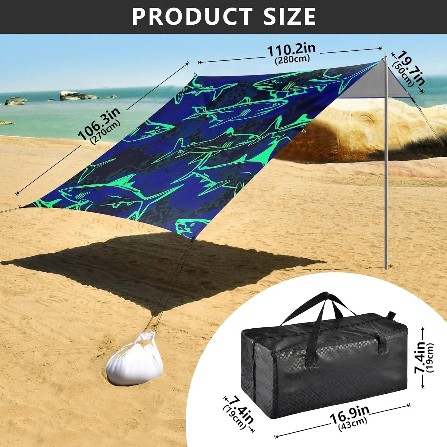 Beach Canopy Tent Outdoor Patio Shade Cute 9.2 × 10.5 FT Floral Sand Camping Sun Shelter Oceanic Sharks Neon Blue Waterproof with Anchor Poles Easy up