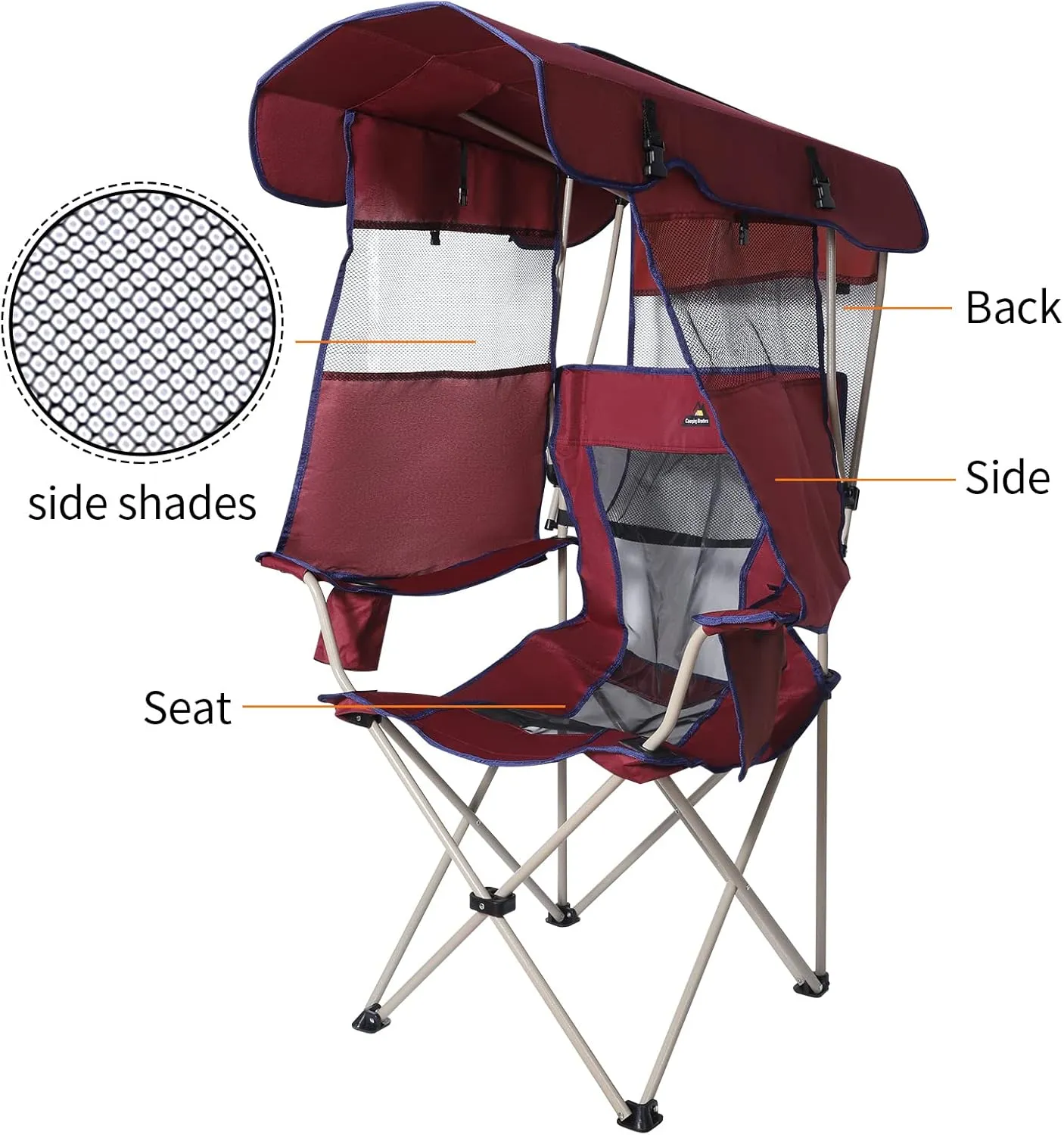Beach Chair with Canopy Shade - Outdoor Folding Chair with Full Sun Protection Canopy - Ideal for Camping, Lawn, Sports, Picnic & Beach - Comfortable & Convenient Design (Maroon)