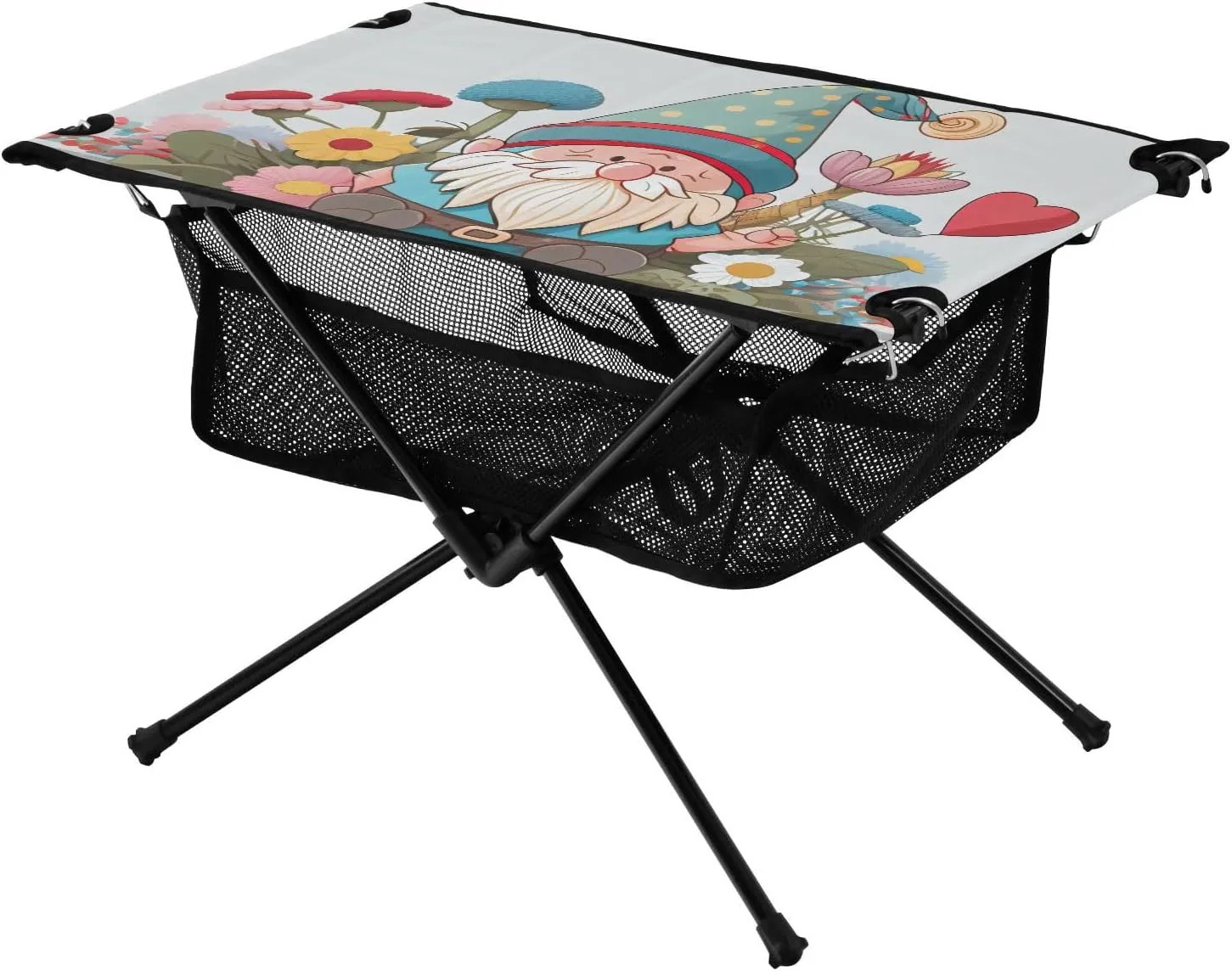 Beach Table Dwarf Goblin Elf Sitting in Flowers White Compact Expandable Grill Table with Carry Bag for Outdoor Dining Cooking Picnic