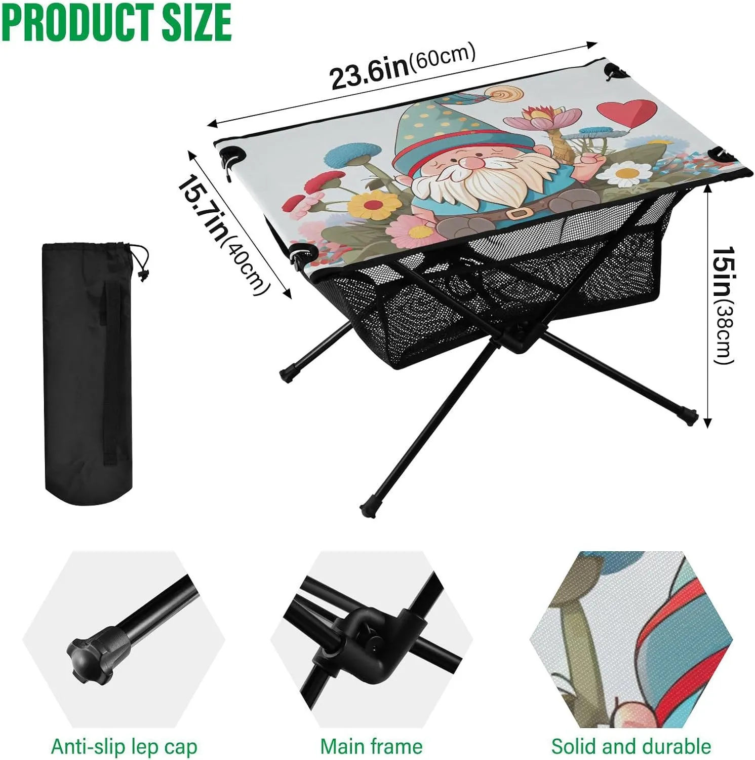 Beach Table Dwarf Goblin Elf Sitting in Flowers White Compact Expandable Grill Table with Carry Bag for Outdoor Dining Cooking Picnic