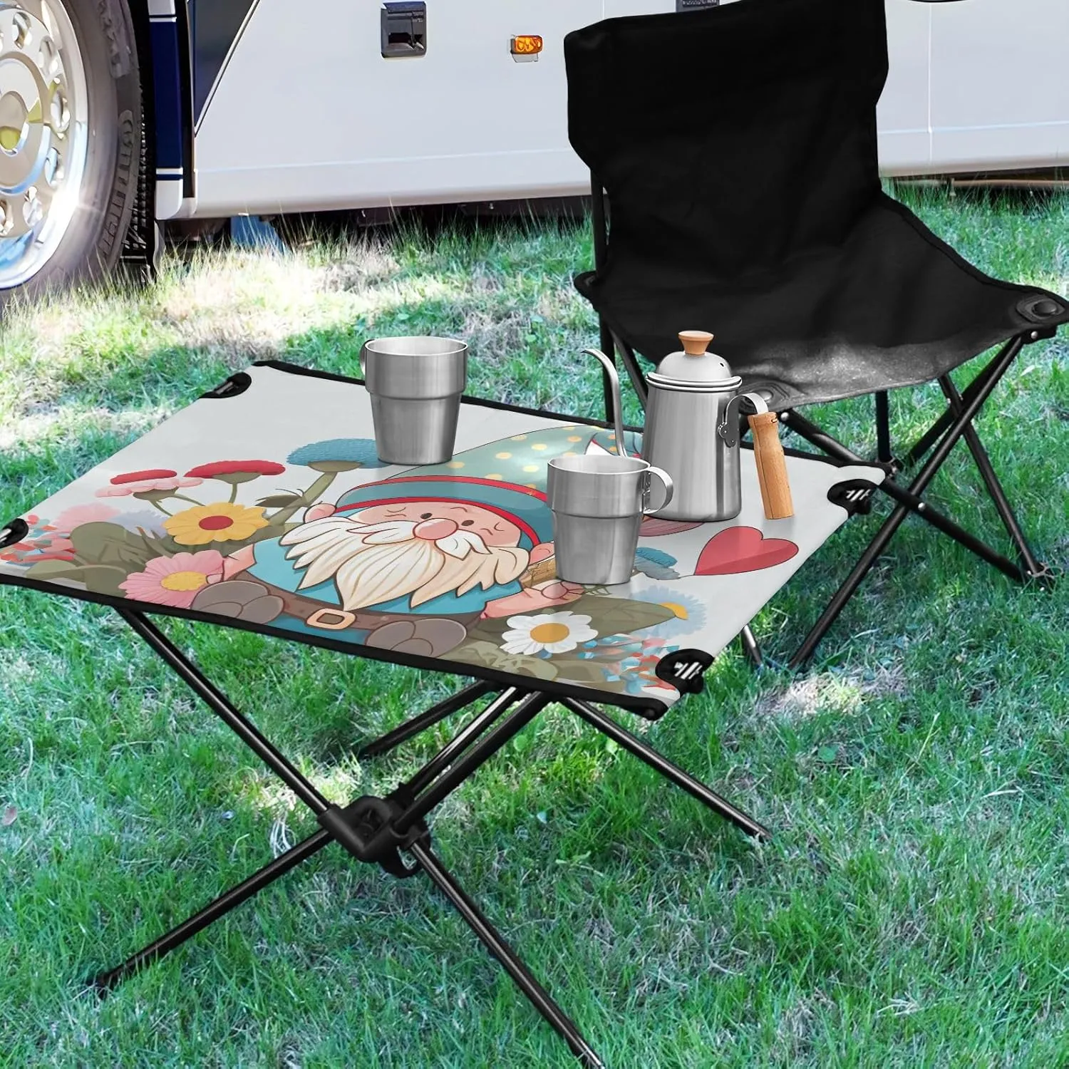 Beach Table Dwarf Goblin Elf Sitting in Flowers White Compact Expandable Grill Table with Carry Bag for Outdoor Dining Cooking Picnic