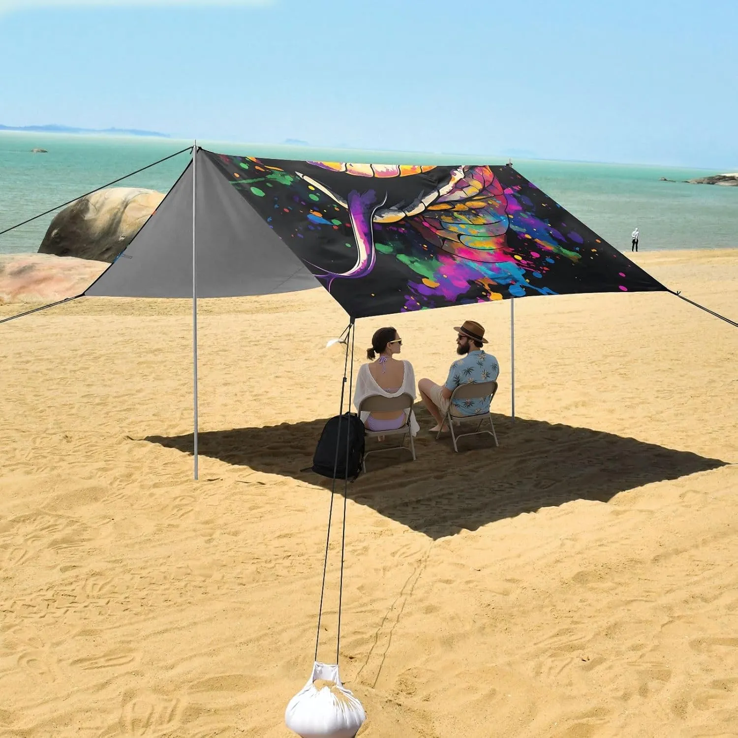 Beach Tent Canopy Outdoor Patio Sun Shade 9.2 × 10.5 FT Kids Camping Sun Shelter Yard Colorful Snake Head Wind Sail Shade with Anchor Poles Easy up