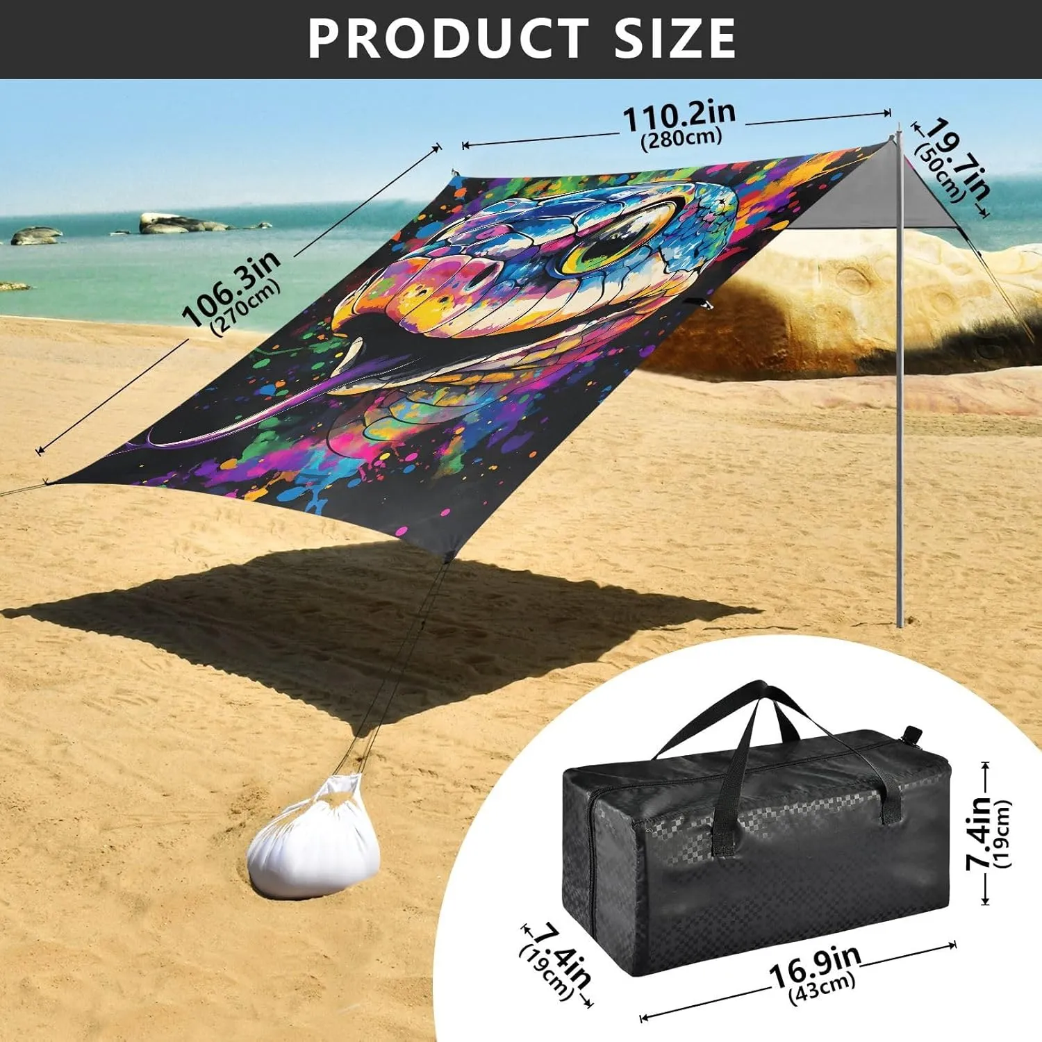 Beach Tent Canopy Outdoor Patio Sun Shade 9.2 × 10.5 FT Kids Camping Sun Shelter Yard Colorful Snake Head Wind Sail Shade with Anchor Poles Easy up