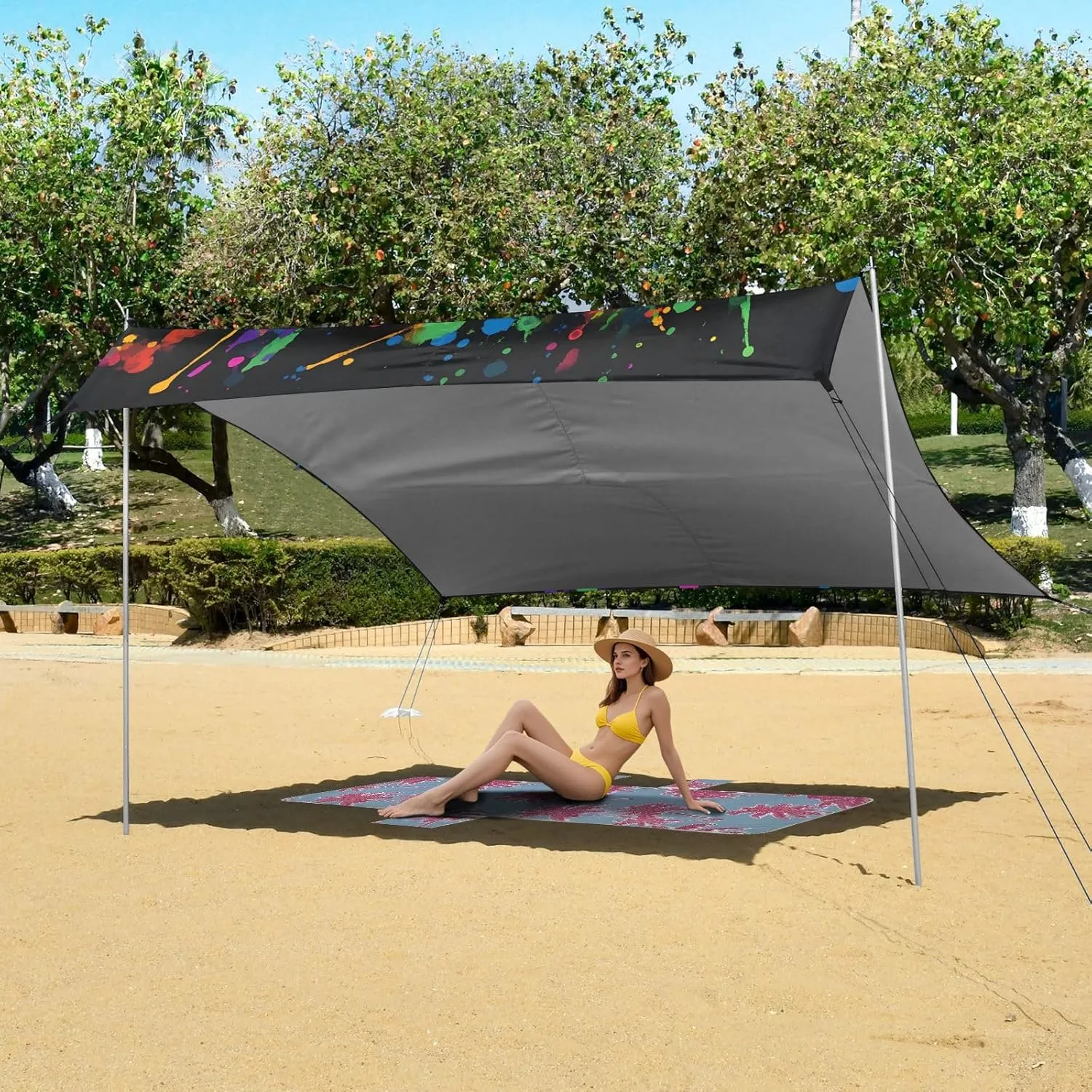 Beach Tent Canopy Outdoor Patio Sun Shade 9.2 × 10.5 FT Kids Camping Sun Shelter Yard Colorful Snake Head Wind Sail Shade with Anchor Poles Easy up