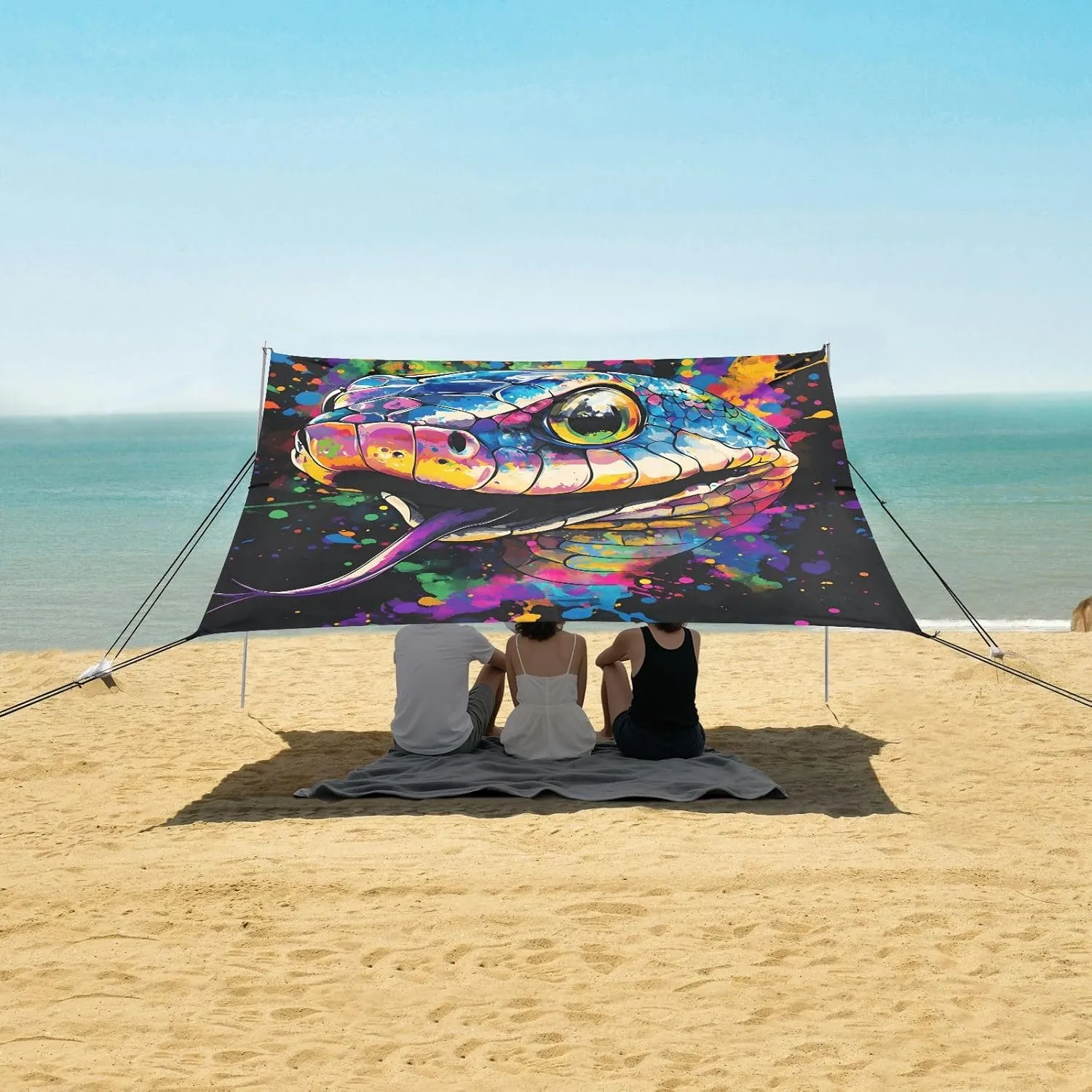 Beach Tent Canopy Outdoor Patio Sun Shade 9.2 × 10.5 FT Kids Camping Sun Shelter Yard Colorful Snake Head Wind Sail Shade with Anchor Poles Easy up