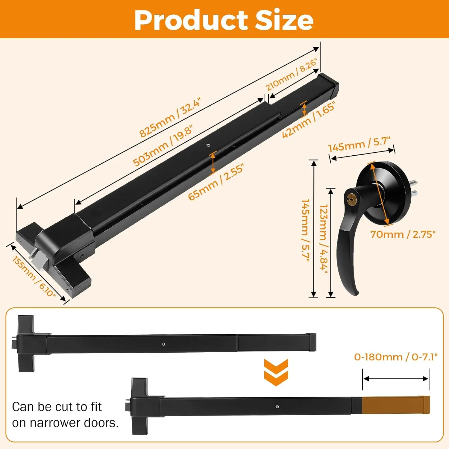 BEAMNOVA 32 in 2-in-1 Commercial Door Push Bar Panic Exit Device Exterior Lever Allen Key Lock Set Roller Strike Plate End Cap, for 32.5 to 47.2 inches Wide Door, Black