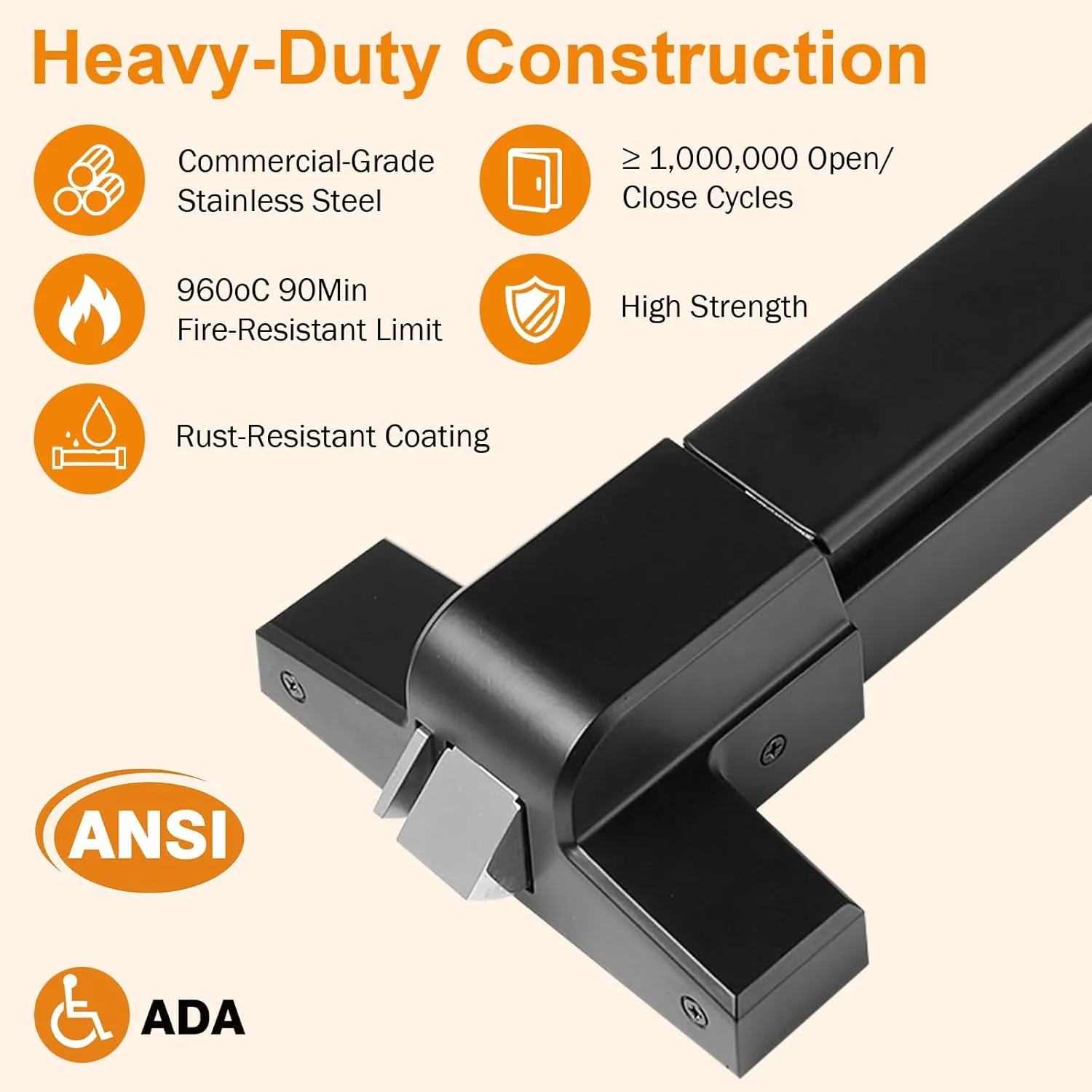 BEAMNOVA 32 in 2-in-1 Commercial Door Push Bar Panic Exit Device Exterior Lever Allen Key Lock Set Roller Strike Plate End Cap, for 32.5 to 47.2 inches Wide Door, Black