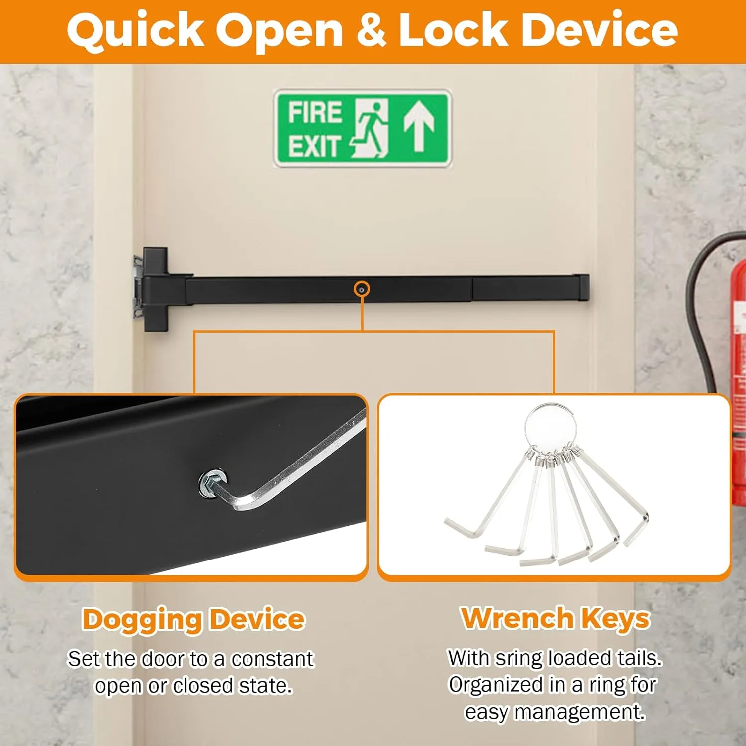 BEAMNOVA 32 in 2-in-1 Commercial Door Push Bar Panic Exit Device Exterior Lever Allen Key Lock Set Roller Strike Plate End Cap, for 32.5 to 47.2 inches Wide Door, Black