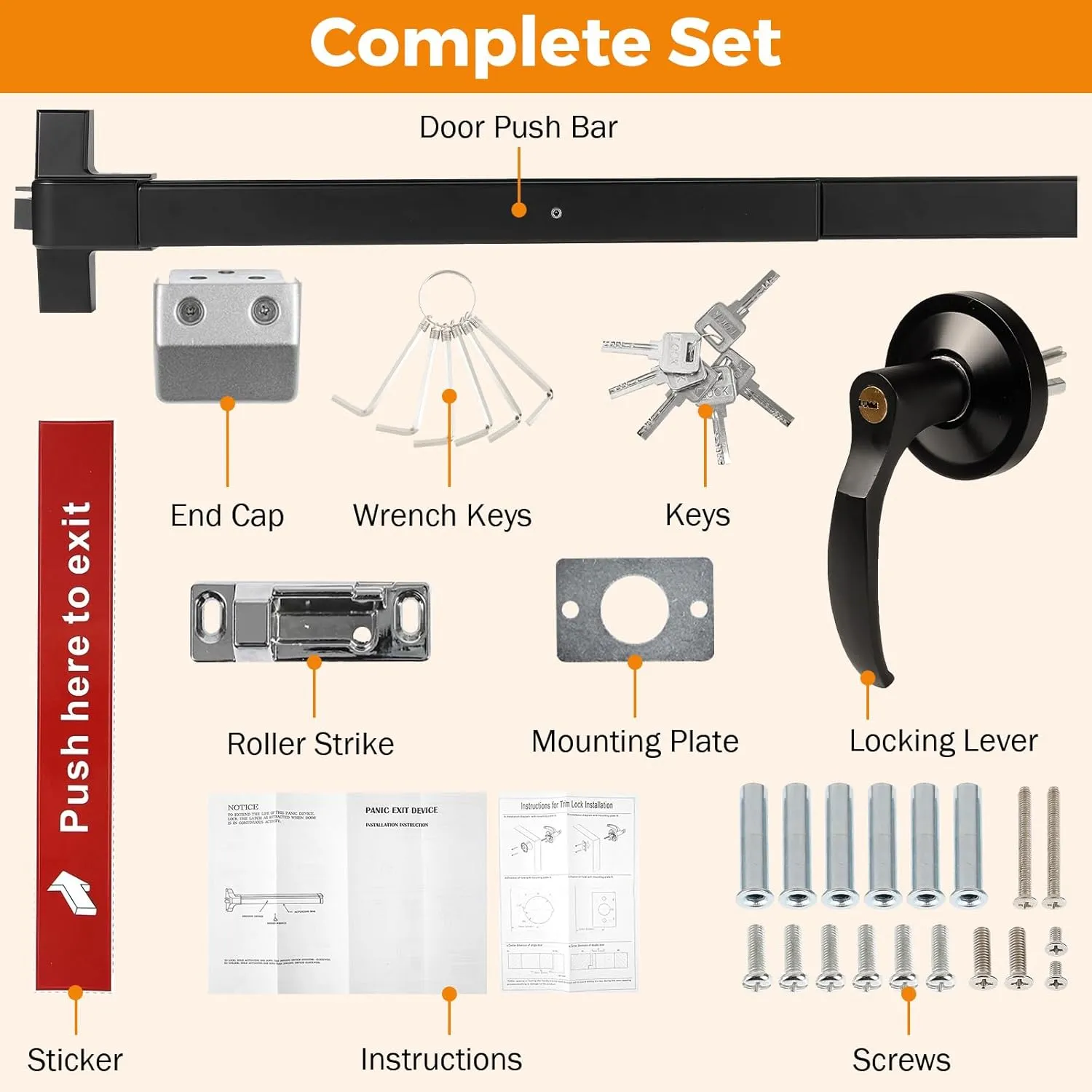 BEAMNOVA 32 in 2-in-1 Commercial Door Push Bar Panic Exit Device Exterior Lever Allen Key Lock Set Roller Strike Plate End Cap, for 32.5 to 47.2 inches Wide Door, Black