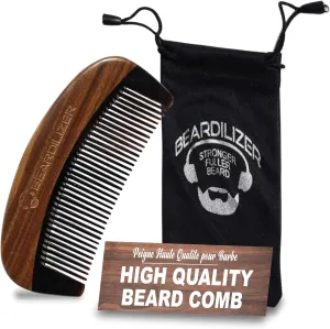 Beardilizer Premium Beard Comb for Men - 100% Natural Black Ox Buffalo Horn & Sandalwood Handle with Carrying Pouch, Professional Anti-Static Fine and Coarse Teeth
