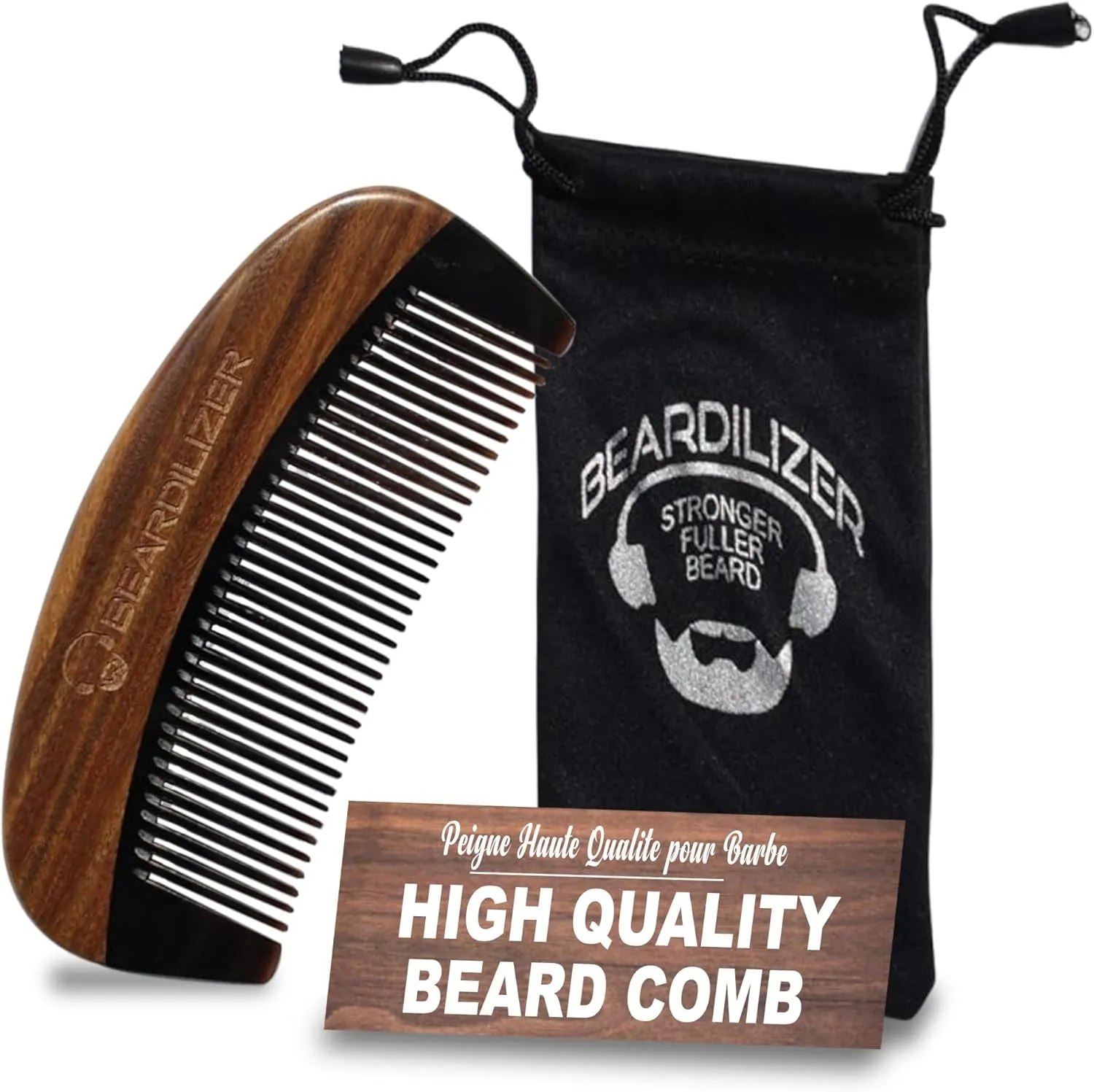 Beardilizer Premium Beard Comb for Men - 100% Natural Black Ox Buffalo Horn & Sandalwood Handle with Carrying Pouch, Professional Anti-Static Fine and Coarse Teeth