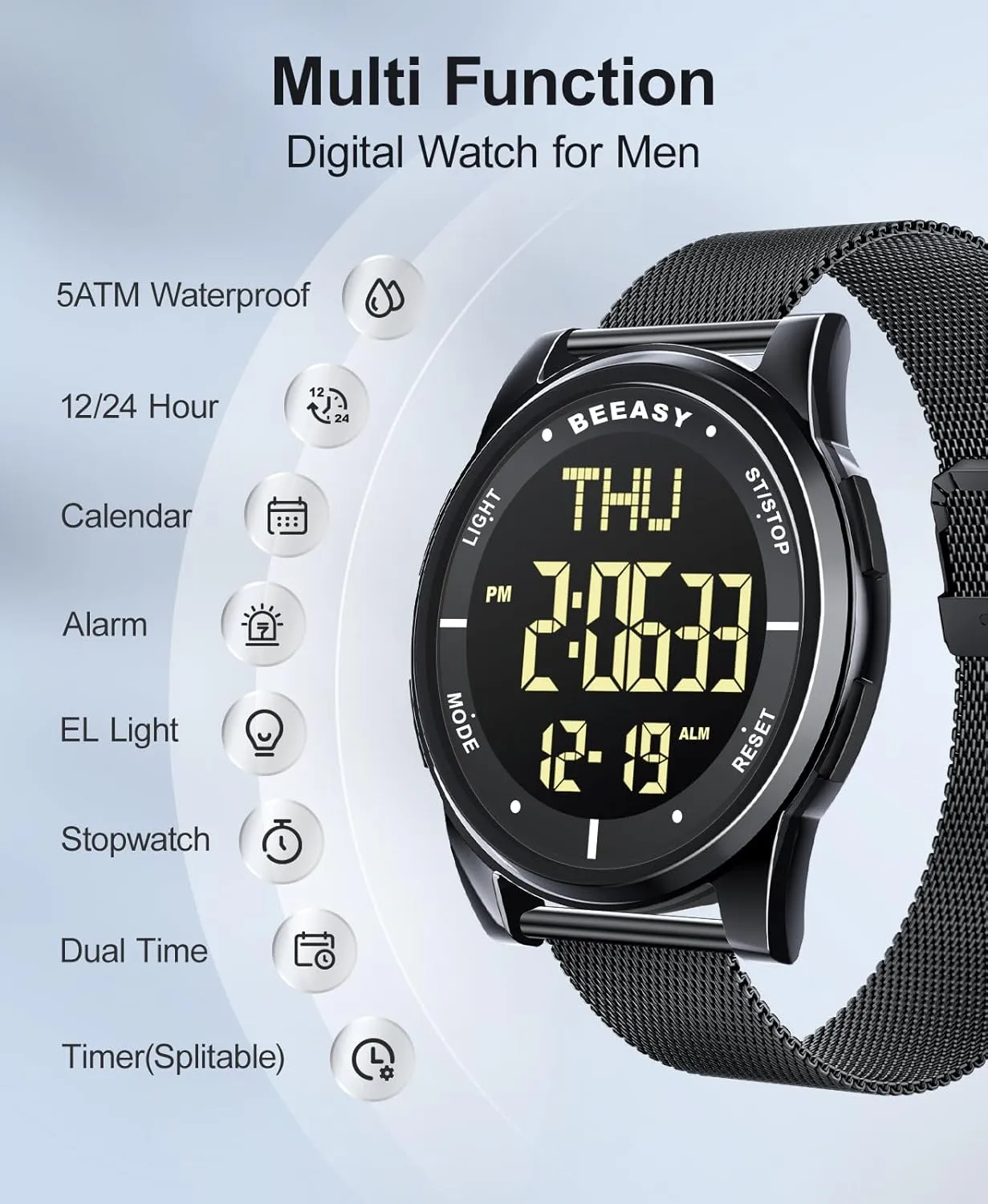 Beeasy Unisex Digital Watch Fashion Sleek Minimalist Mesh Stainless Steel with Alarm Waterproof Chronograph Watches for Men/Women with Auto Date