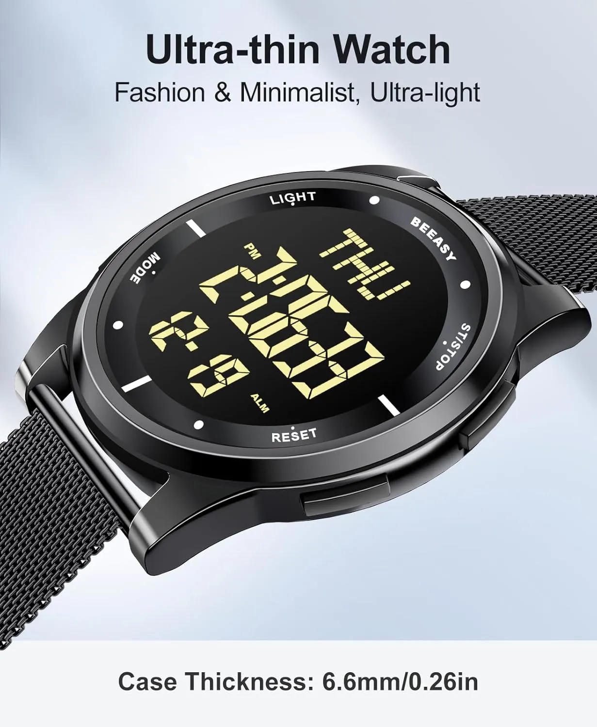 Beeasy Unisex Digital Watch Fashion Sleek Minimalist Mesh Stainless Steel with Alarm Waterproof Chronograph Watches for Men/Women with Auto Date