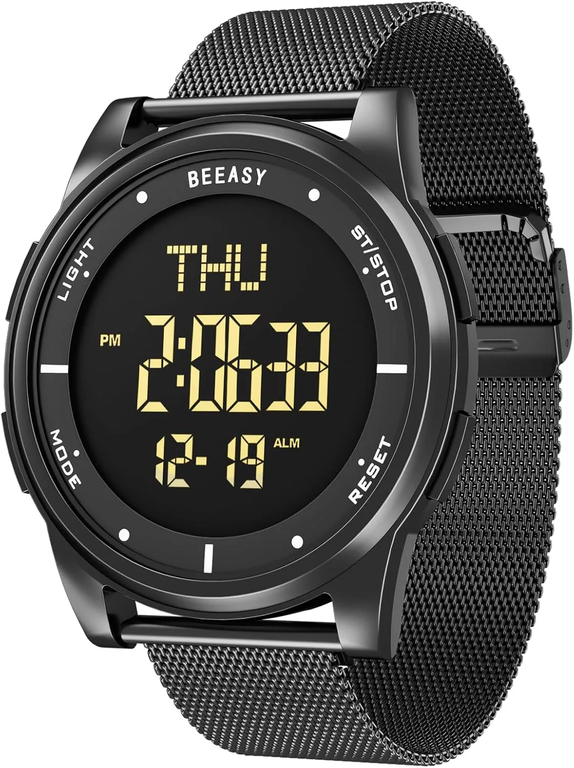 Beeasy Unisex Digital Watch Fashion Sleek Minimalist Mesh Stainless Steel with Alarm Waterproof Chronograph Watches for Men/Women with Auto Date