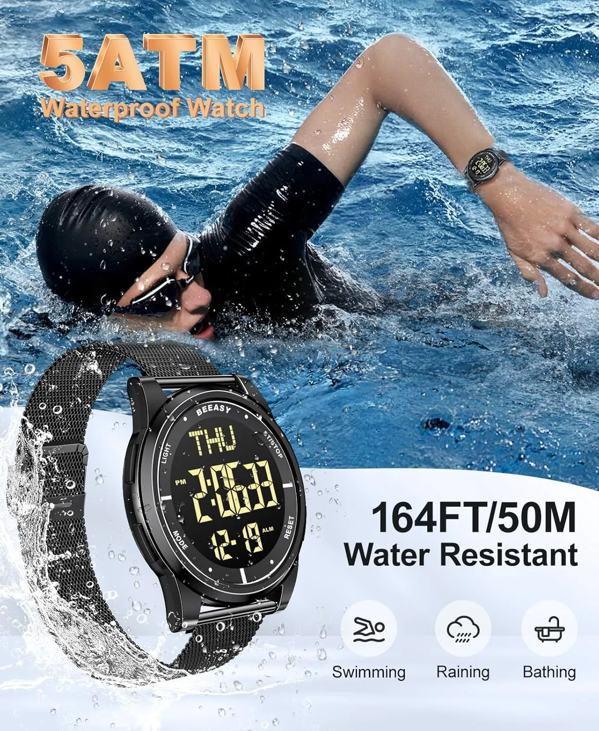 Beeasy Unisex Digital Watch Fashion Sleek Minimalist Mesh Stainless Steel with Alarm Waterproof Chronograph Watches for Men/Women with Auto Date