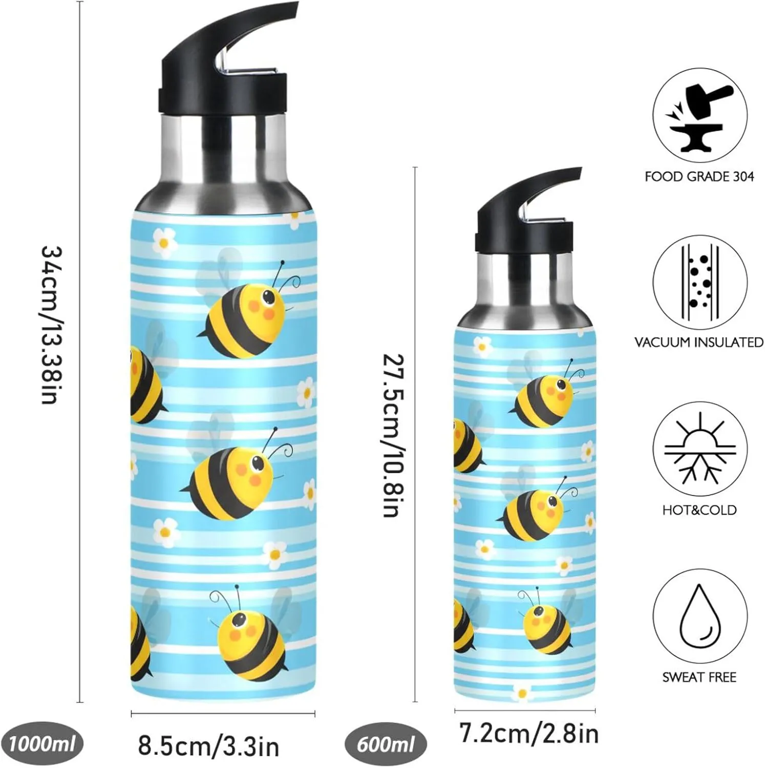 Bees and Flowers Sports Water Bottle with Straw, 22oz BPA Free Stainless Steel Vacuum Insulated Bottle for Gym Fitness Outdoor