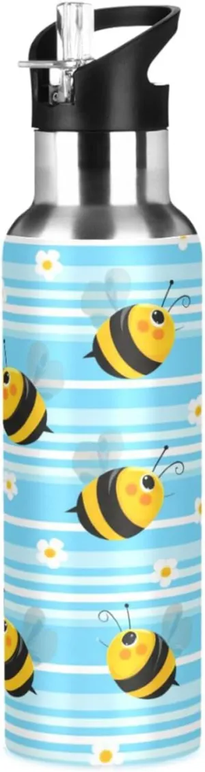 Bees and Flowers Sports Water Bottle with Straw, 22oz BPA Free Stainless Steel Vacuum Insulated Bottle for Gym Fitness Outdoor