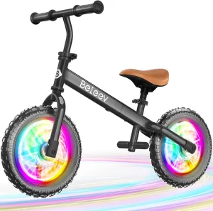 BELEEV C2 Toddler Balance Bike for 2-5 Year Olds with LED Light-Up Wheels, Adjustable Seat & Handlebar & Footrest, 12 inch No-Pedal Training Kids Push Bicycle - First Birthday Gift for Boys & Girls