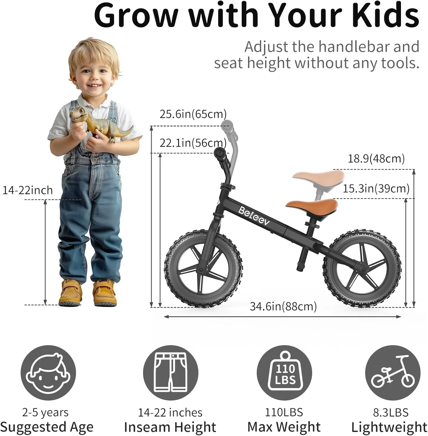 BELEEV C2 Toddler Balance Bike for 2-5 Year Olds with LED Light-Up Wheels, Adjustable Seat & Handlebar & Footrest, 12 inch No-Pedal Training Kids Push Bicycle - First Birthday Gift for Boys & Girls