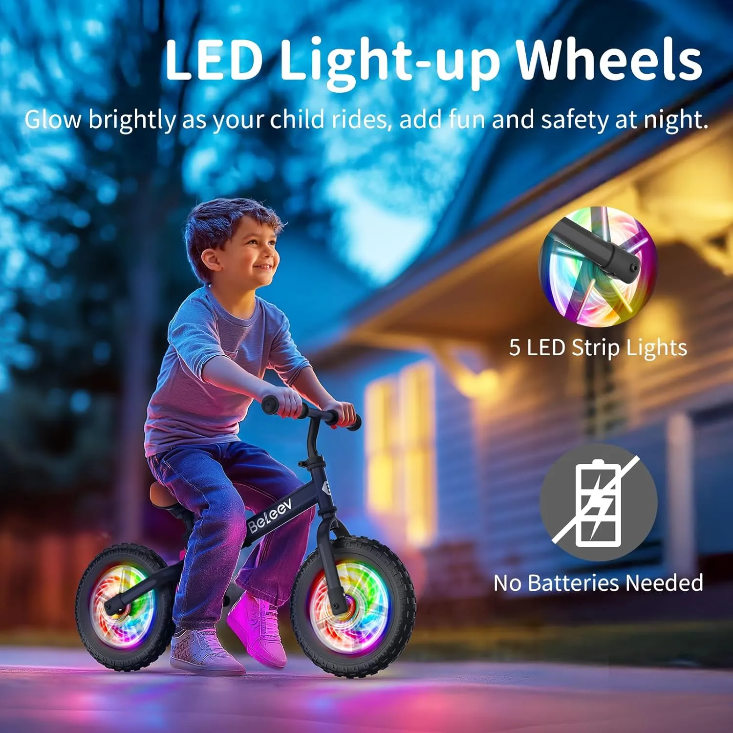 BELEEV C2 Toddler Balance Bike for 2-5 Year Olds with LED Light-Up Wheels, Adjustable Seat & Handlebar & Footrest, 12 inch No-Pedal Training Kids Push Bicycle - First Birthday Gift for Boys & Girls