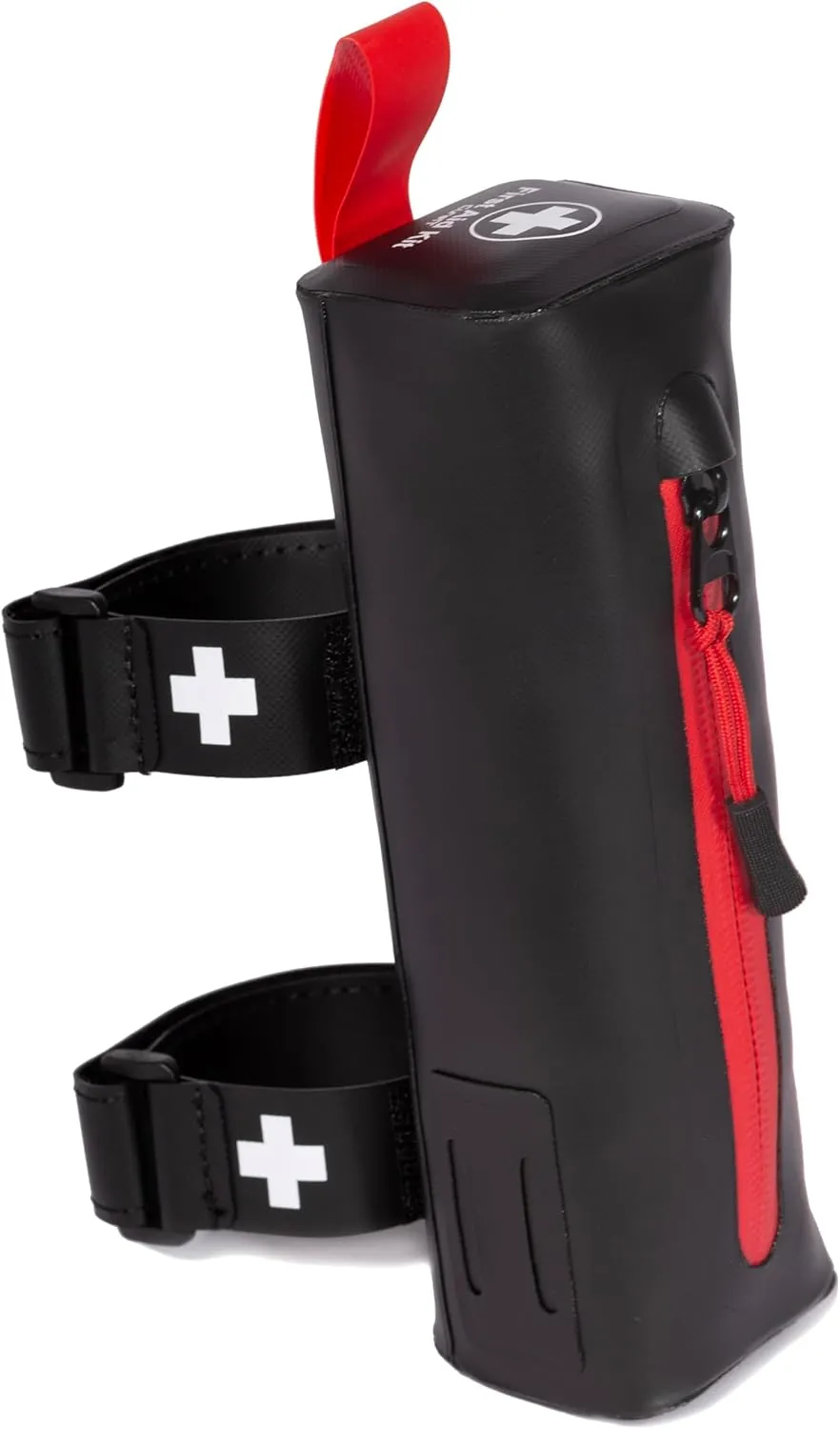 Bike First Aid Kit for Cyclist's, Compact Waterproof Case, Attaches to Bike Frame, Essential Supplies for Trauma & Emergencies, Black Red
