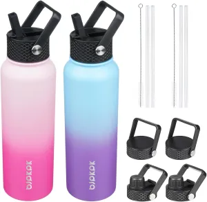 BJPKPK 2 Pack Insulated Water Bottles with Straw Lids, 40oz Stainless Steel Metal Water Bottle with 6 Lids, Leak Proof BPA Free Thermos, Cups, Flasks for Travel, Sports (Cherry Ocean Dream)
