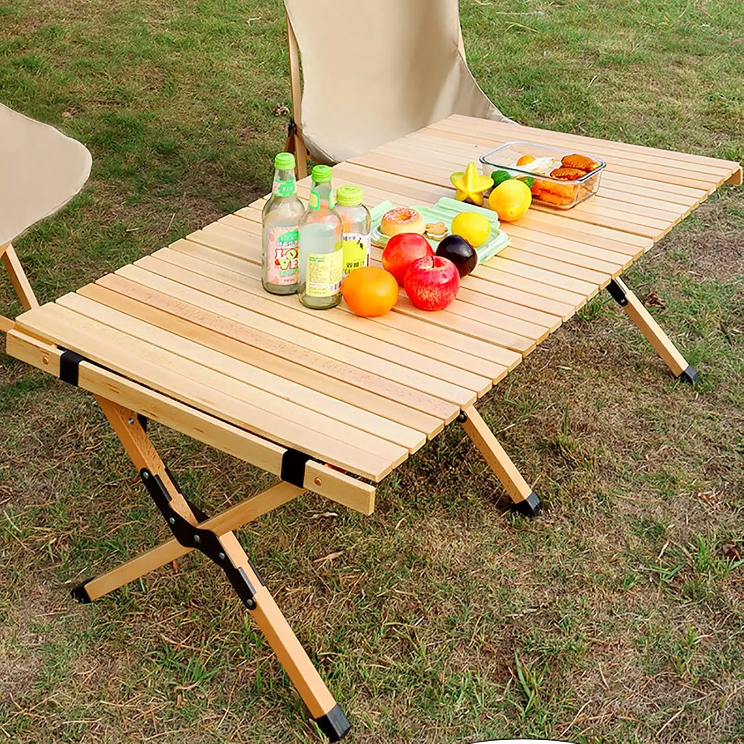 BK&MF Outdoor Wood Folding Table Beech,Portable Camping Table with Carry Bag Lightweight Roll-up Table Grill Table for Grill Travel Table Outdoor,A,90x60x45cm(35x24x18inch)
