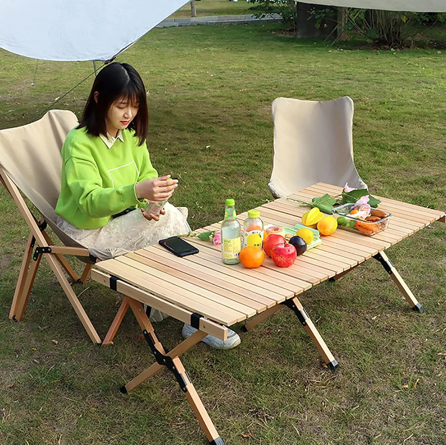 BK&MF Outdoor Wood Folding Table Beech,Portable Camping Table with Carry Bag Lightweight Roll-up Table Grill Table for Grill Travel Table Outdoor,A,90x60x45cm(35x24x18inch)