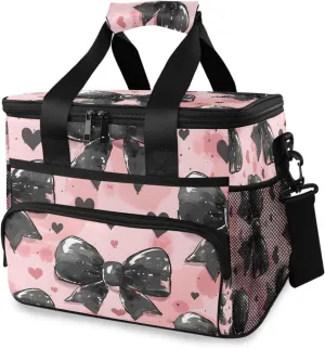 Black Bow Heart Pink Cooler Bag Insulated Cooler Soft Sided Cooler 24 Can Portable Picnic Bag Large Leakproof Lunch Bag Box for Beach Grocery Camping Travel Car Men Women
