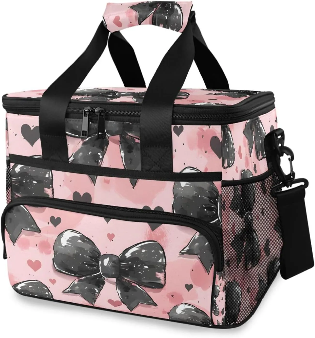 Black Bow Heart Pink Cooler Bag Insulated Cooler Soft Sided Cooler 24 Can Portable Picnic Bag Large Leakproof Lunch Bag Box for Beach Grocery Camping Travel Car Men Women