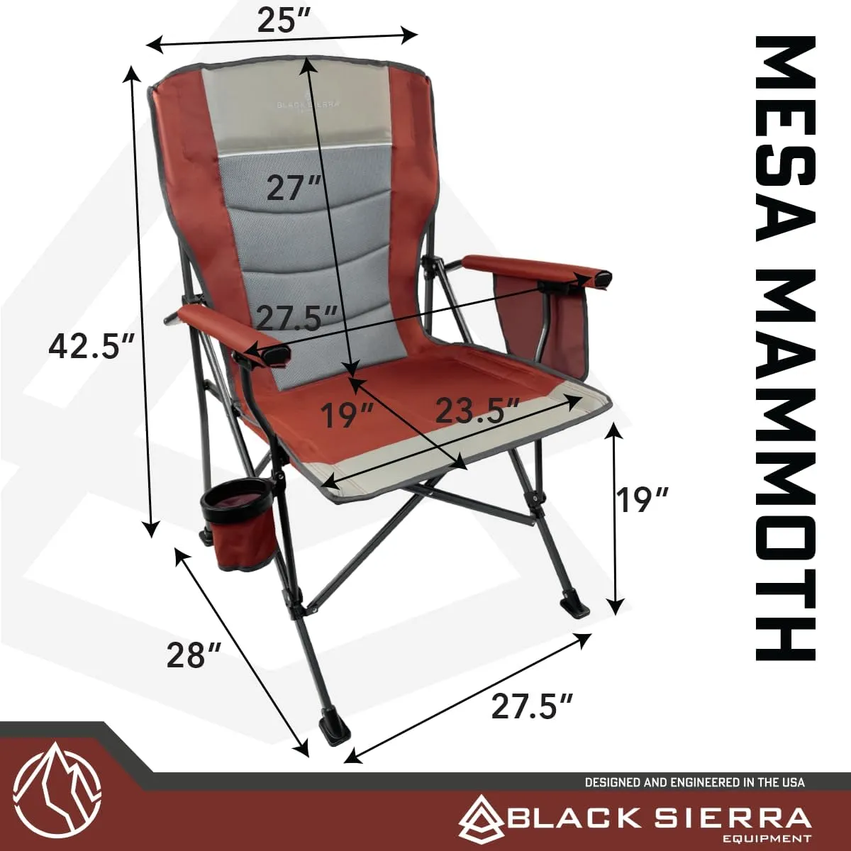 Black Sierra Oversized Camping Chair for Adults – Heavy Duty Folding Lawn & Beach Chair Supports 500 lbs, Hard Arms, Durable Steel Frame, Cup Holder, Portable Outdoor Seat for Tailgating or Patio