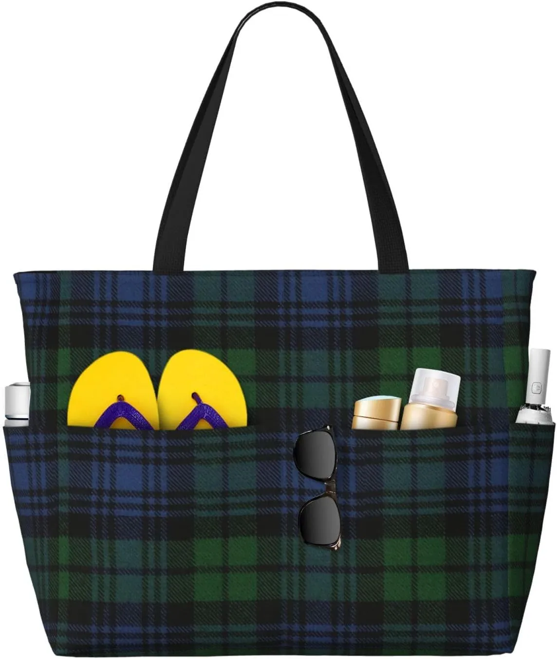 Black Watch Ancient Original Scottish Tartan Oversized Beach Tote With Zipper Pockets – Lightweight, Washable, And Spacious Travel Bag, Beach Vacation Essentials For Women