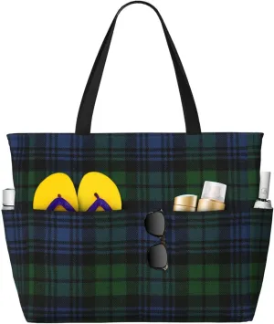 Black Watch Ancient Original Scottish Tartan Oversized Beach Tote With Zipper Pockets – Lightweight, Washable, And Spacious Travel Bag, Beach Vacation Essentials For Women