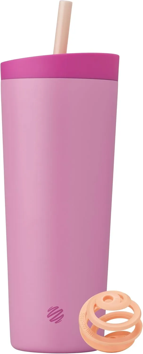 BlenderBottle 2-in-1 Insulated Stainless Steel Shaker Tumbler, Swig Leakproof Lid, Straw, BlenderBall, BPA Free, For Protein Shakes, Smoothies, And Pre Workout, 24 oz, Pink (Rose Petal)