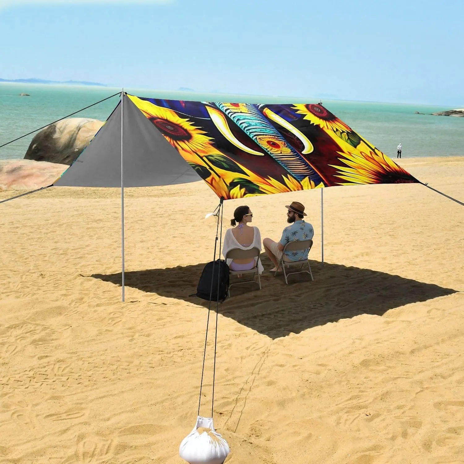 Blue Elephant Sunflowers Canopy Beach Tent 9.2 × 10.5 FT Sun Shade Outdoor Patio Pool Wind Sail Shade Camping Sun Shelter with Poles Sand Anchor