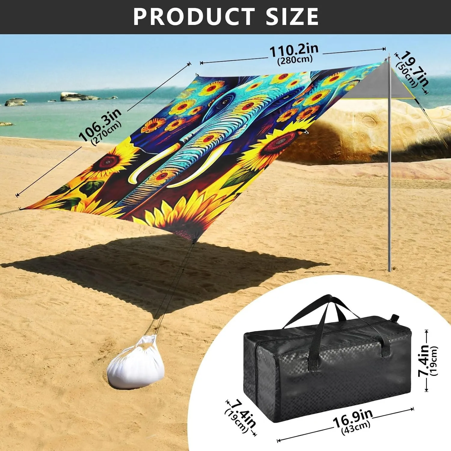 Blue Elephant Sunflowers Canopy Beach Tent 9.2 × 10.5 FT Sun Shade Outdoor Patio Pool Wind Sail Shade Camping Sun Shelter with Poles Sand Anchor