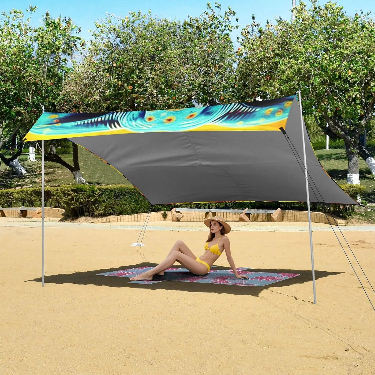 Blue Elephant Sunflowers Canopy Beach Tent 9.2 × 10.5 FT Sun Shade Outdoor Patio Pool Wind Sail Shade Camping Sun Shelter with Poles Sand Anchor